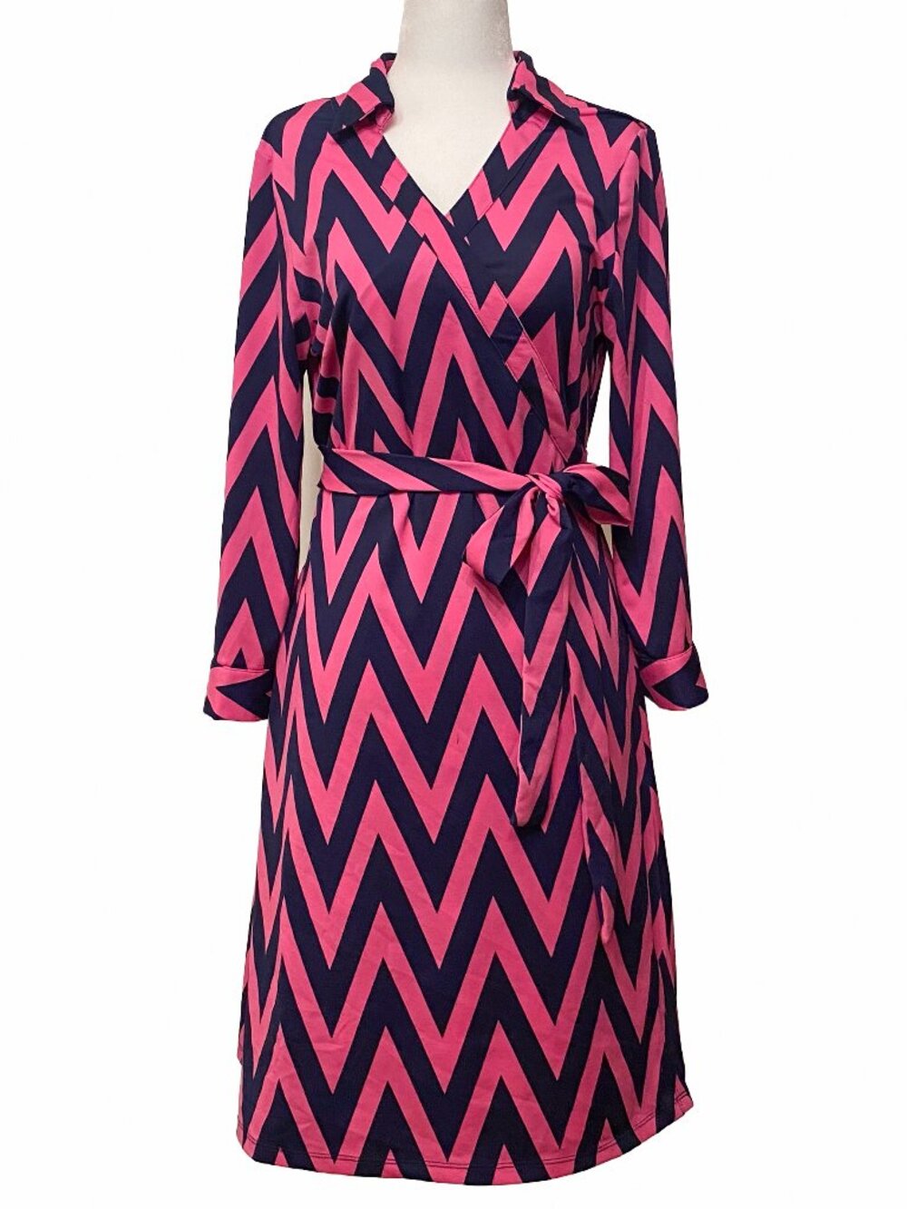 JB by Julie Brown Pink & Blue Chevron Wrap Dress Sz L Y2K Bold Statement